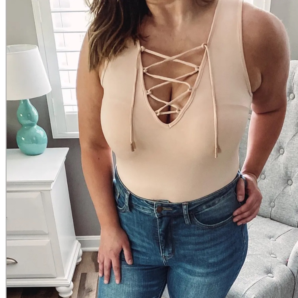 POL nude lace up with mesh sleeveless bodysuit Size S